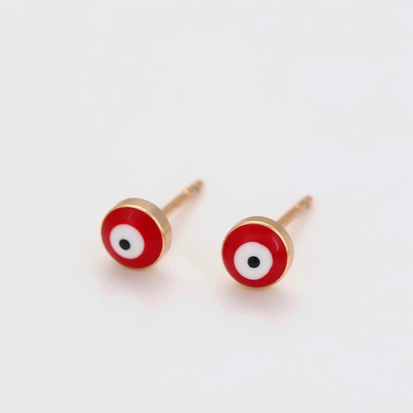 Stud Earrings 18k Gold Plated Red Evil Eye - Picture 1 of 11